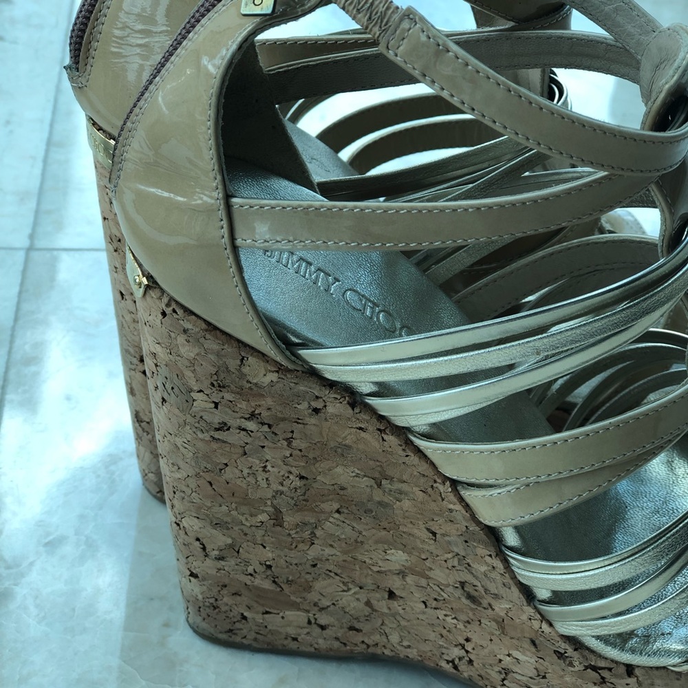 Jimmy Choo Gold Nude strappy cork Weges - Picture 3 of 8